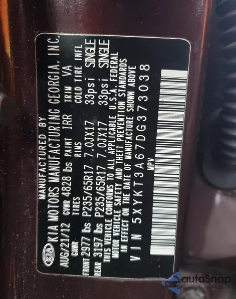 2013 Kia Sorento Lx from USA, damaged, VIN 5XYKT3A67DG373038